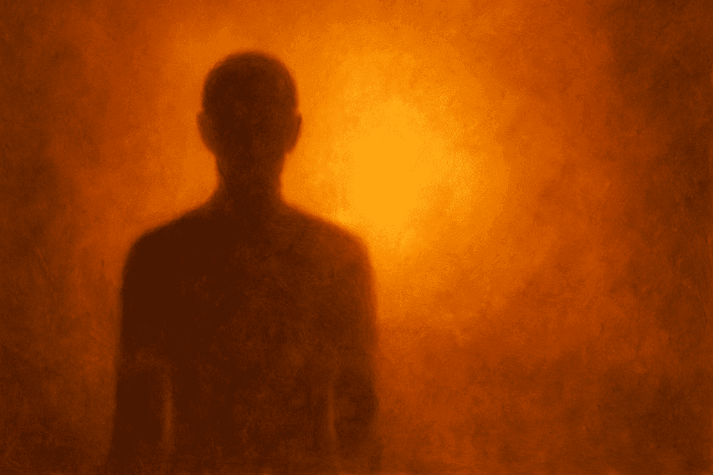 Figura umana in silhouette su sfondo arancione sfumato, illuminata da una luce centrale calda e diffusa.