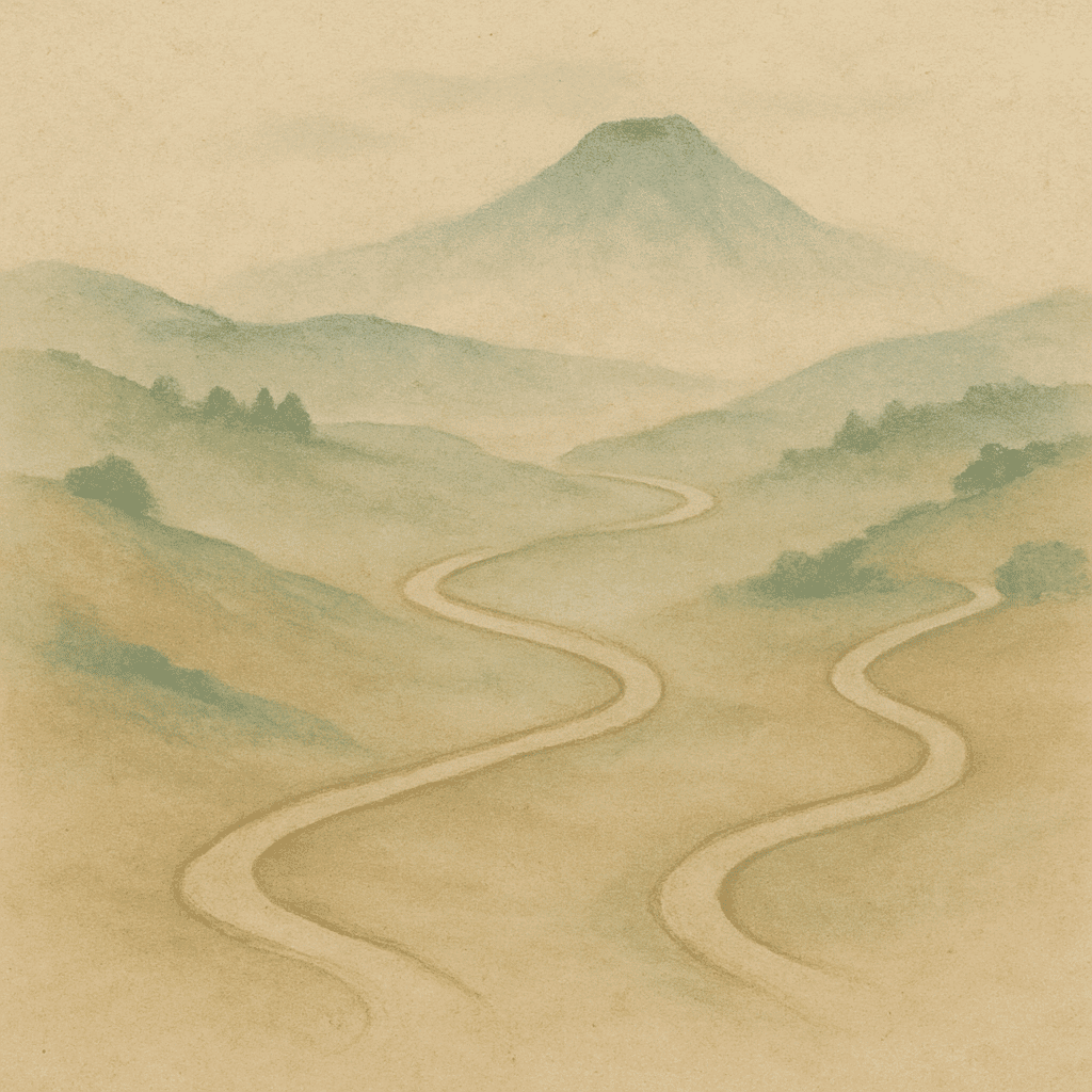 Illustrazione simbolica di quattro sentieri che si incontrano in un paesaggio montano, evocando le scuole di Reiki in Occidente e il loro riferimento comune alla tradizione di Usui.
