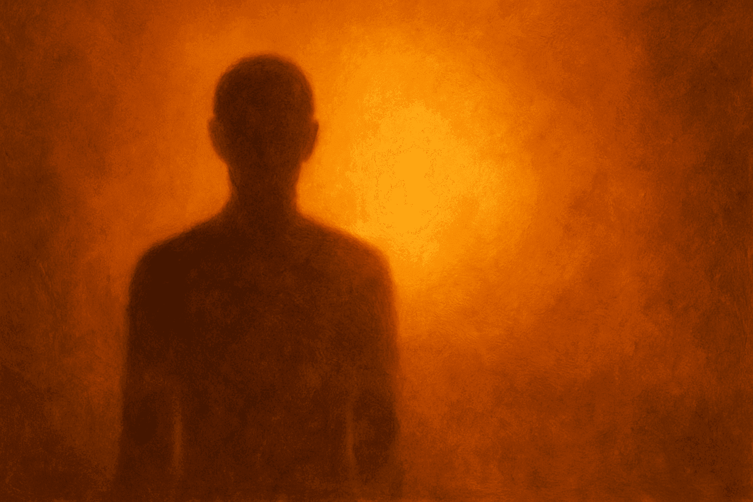 Figura umana in silhouette su sfondo arancione sfumato, illuminata da una luce centrale calda e diffusa.