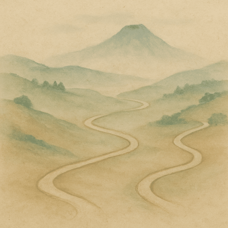 Illustrazione simbolica di quattro sentieri che si incontrano in un paesaggio montano, evocando le scuole di Reiki in Occidente e il loro riferimento comune alla tradizione di Usui.