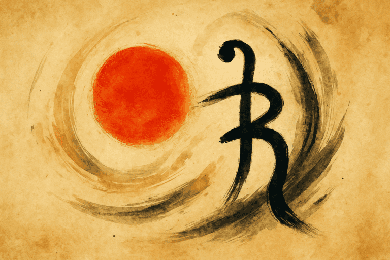 Dipinto astratto ispirato alla calligrafia orientale con cerchio rosso e tratti neri su sfondo beige, evocante energia, movimento e spiritualità.