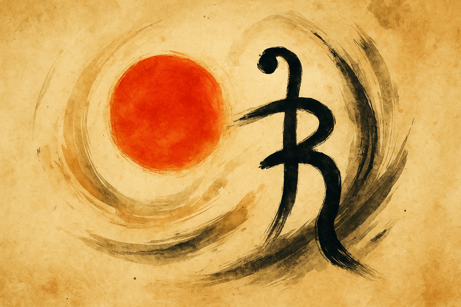 Dipinto astratto ispirato alla calligrafia orientale con cerchio rosso e tratti neri su sfondo beige, evocante energia, movimento e spiritualità.