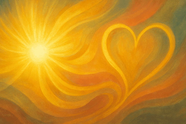 Astrazione luminosa con forme fluide e calde, che evocano luce, amore e movimento energetico in un paesaggio simbolico.