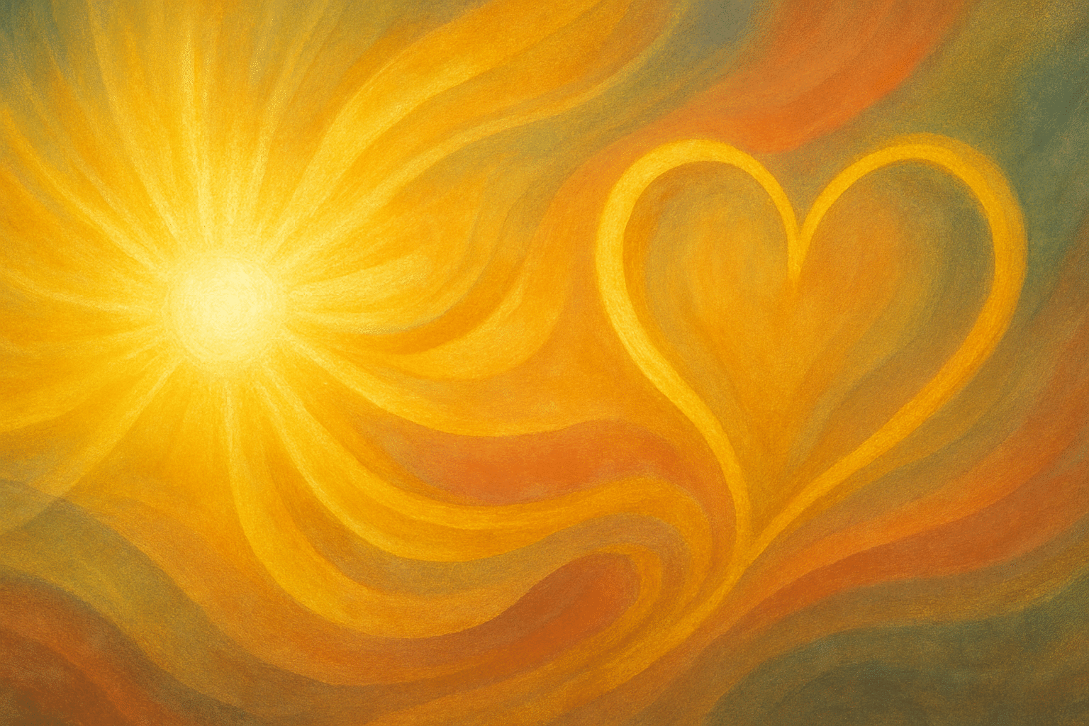 Astrazione luminosa con forme fluide e calde, che evocano luce, amore e movimento energetico in un paesaggio simbolico.