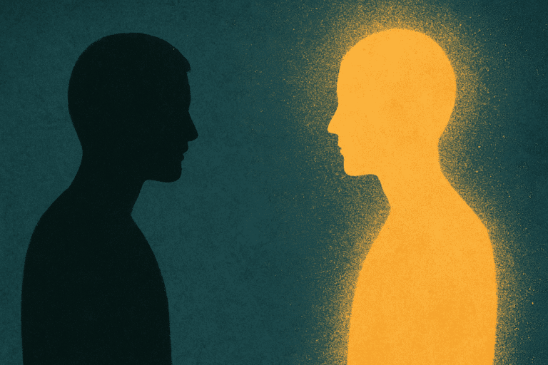 Illustrazione concettuale con due figure umane stilizzate: una scura, l’altra dorata e luminosa, che si fronteggiano su fondo blu intenso.