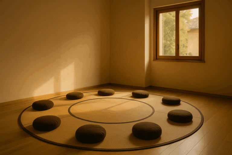 Stanza di meditazione a Milano con tatami e cuscini in cerchio illuminata dalla luce pomeridiana