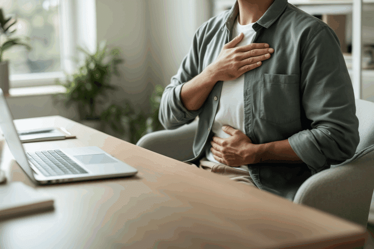 Persona seduta alla scrivania in un ufficio luminoso, con una mano sul petto e l’altra sul basso ventre in un gesto di auto-centratura.