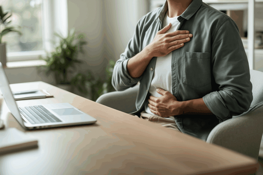 Persona seduta alla scrivania in un ufficio luminoso, con una mano sul petto e l’altra sul basso ventre in un gesto di auto-centratura.