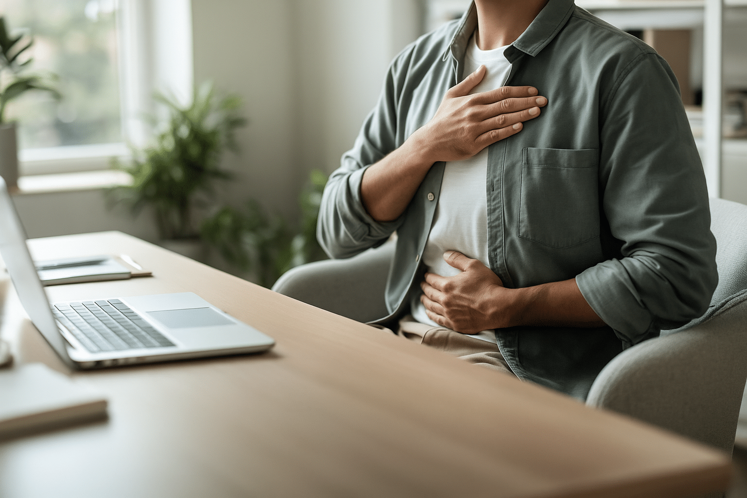 Persona seduta alla scrivania in un ufficio luminoso, con una mano sul petto e l’altra sul basso ventre in un gesto di auto-centratura.