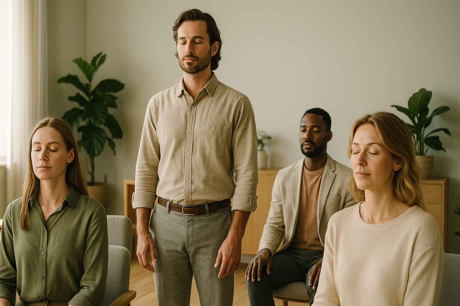 Professionisti in un ambiente di lavoro moderno e luminoso che condividono un momento di calma e concentrazione, simbolo di presenza e benessere attraverso il Reiki in azienda.
