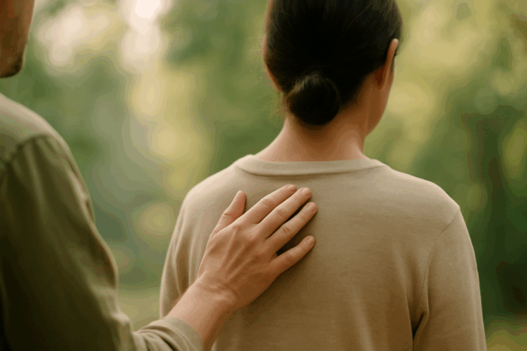 Mano che si posa delicatamente sulla spalla di una persona, in un gesto di connessione e cura relazionale, con luce naturale e toni verde-terra.