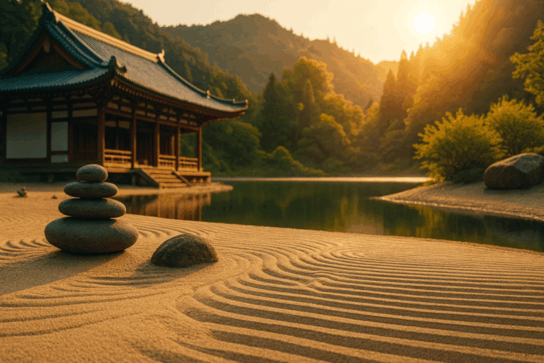 Giardino zen con sabbia pettinata, pietre sovrapposte e padiglione in stile giapponese accanto a uno stagno, illuminato dalla luce calda del tramonto.