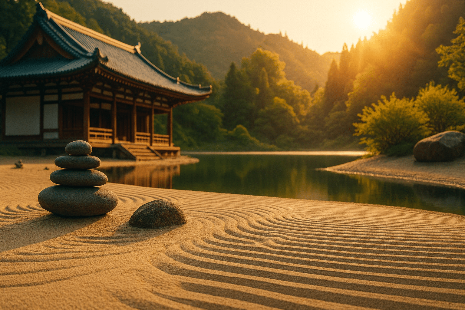 Giardino zen con sabbia pettinata, pietre sovrapposte e padiglione in stile giapponese accanto a uno stagno, illuminato dalla luce calda del tramonto.