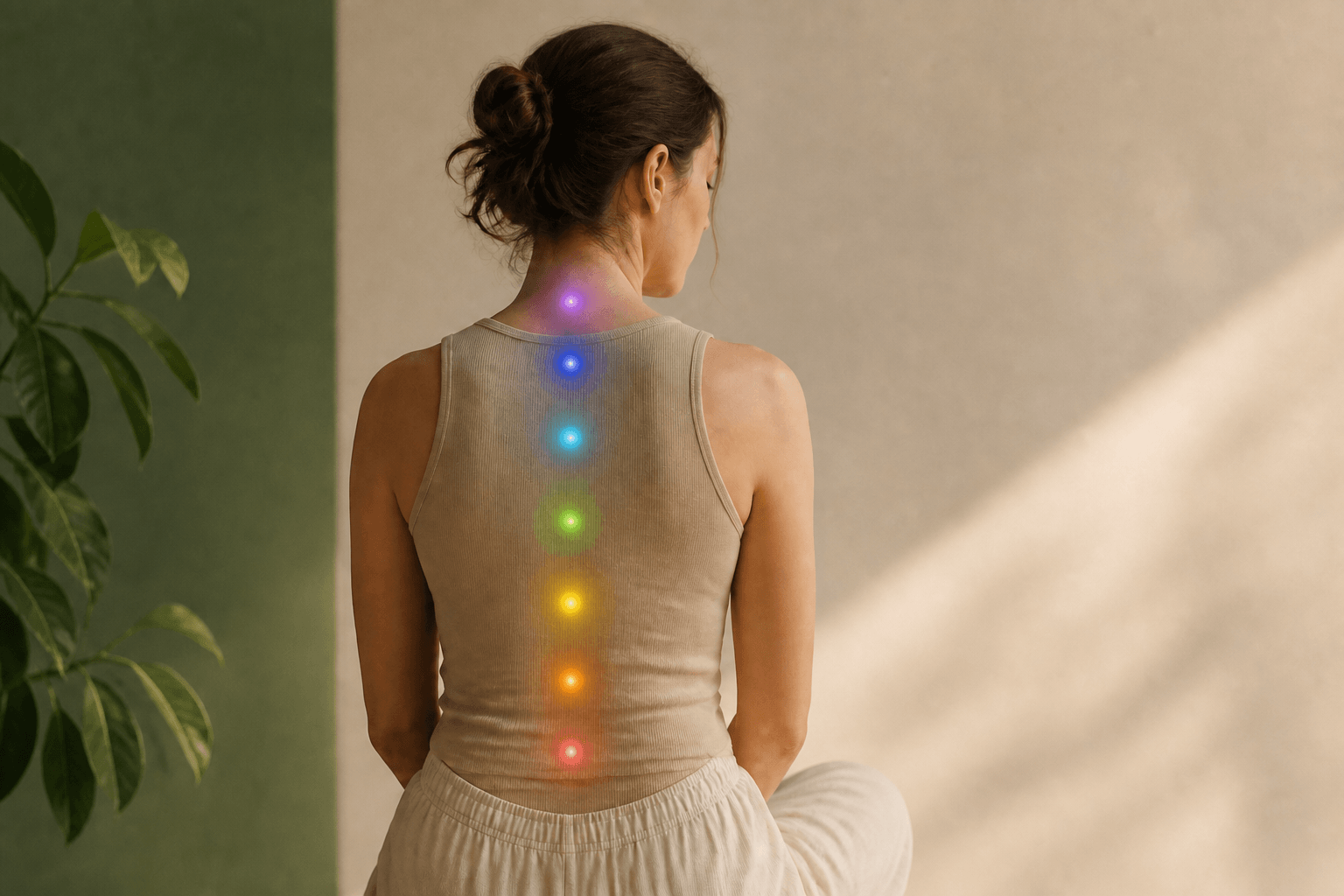 Donna seduta vista di spalle, con sette piccoli punti luminosi colorati allineati lungo la schiena, in un ambiente verde e crema.